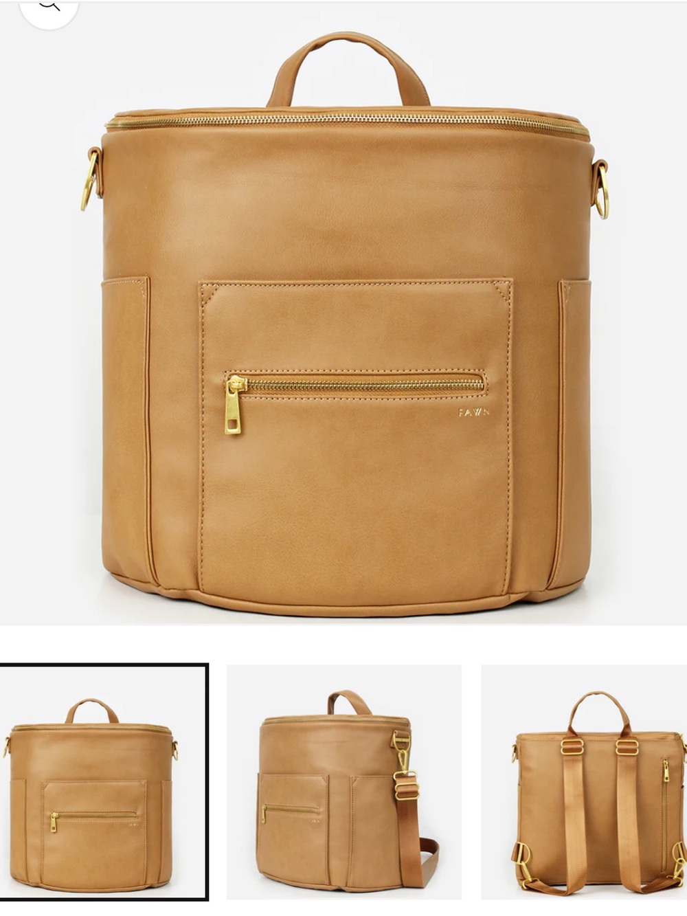 FAWN Original Diaper Bag Tan Leather Convertible Backpack with Front Zip Pocket